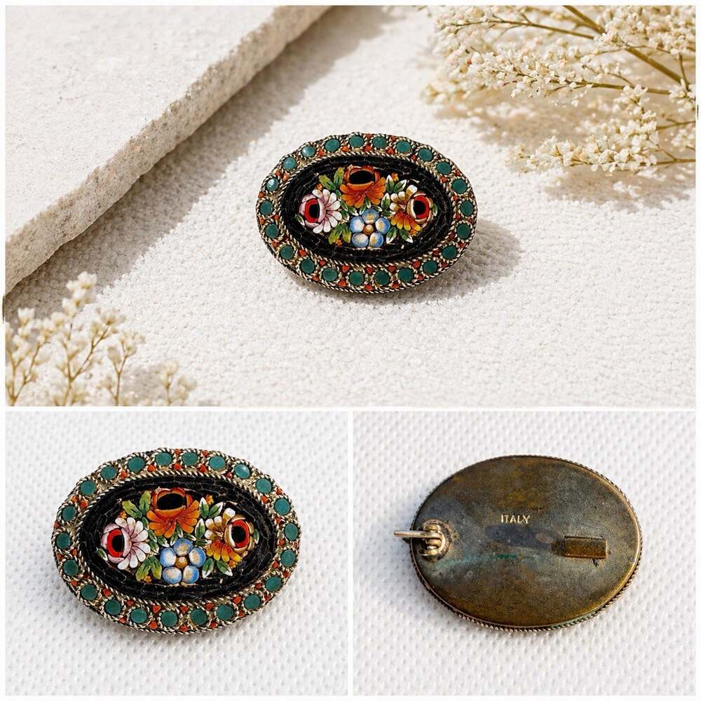 Antique c1900 Italian Micro Mosaic Brooch Pin C Clasp Floral Oval Italy QUALITY